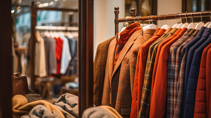 Fototapeta na wymiar Menswear store in English countryside style, autumn winter clothing collection