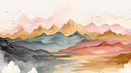 Mountain background. Minimal landscape art with watercolor brushes and gold line art texture. Abstract art wallpaper for prints, Art Decor, wall art and canvas prints.