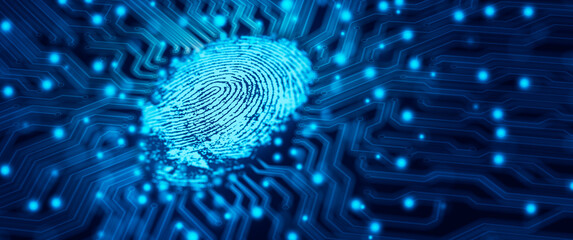 Future security technology. Fingerprint scan provides security access with binary code on deep blue colour background. Fingerprint Security Concept. 3D Render.