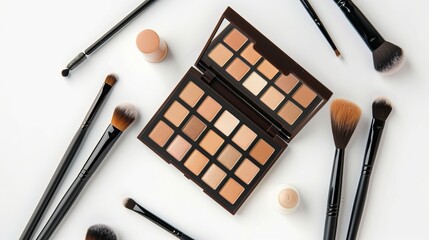 Close-up of brushes, contour palette, and makeup accessories against a white background