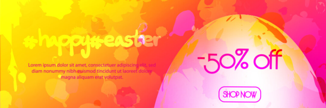 Easter celebration concept in modern style. Multi-colored Easter pearl eggs with blots on an abstract colored grunge background. Easter web banner with place for text.