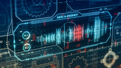 futuristic interface for computer aided manufacturing software, technology innovation, mechanical gear design and testing (3d render)