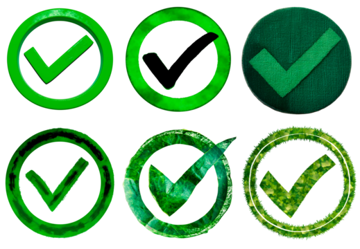 Green check mark icon in a circle. Check list button icon. Isolated on a transparent background.