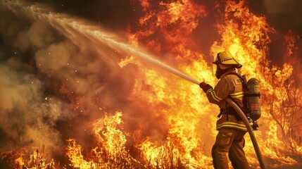 Fototapeta na wymiar Brave firefighter extinguishing wildfire