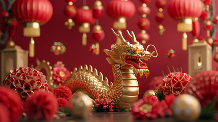 3d rendering illustration background for happy chinese new year 2025 the dragon zodiac sign with red and gold color, flower, lantern, and asian elements. generative ai