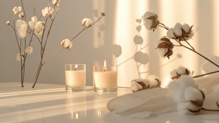 Home decoration with candles and cotton flowers over white wall. Interior design concept. Close up, copy space