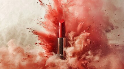 High resolution photography, studio light pastel background, designer lipstick, powerful burst of red dust, and white lighting