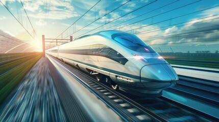 Obraz premium Modern high-speed train travel at sunset
