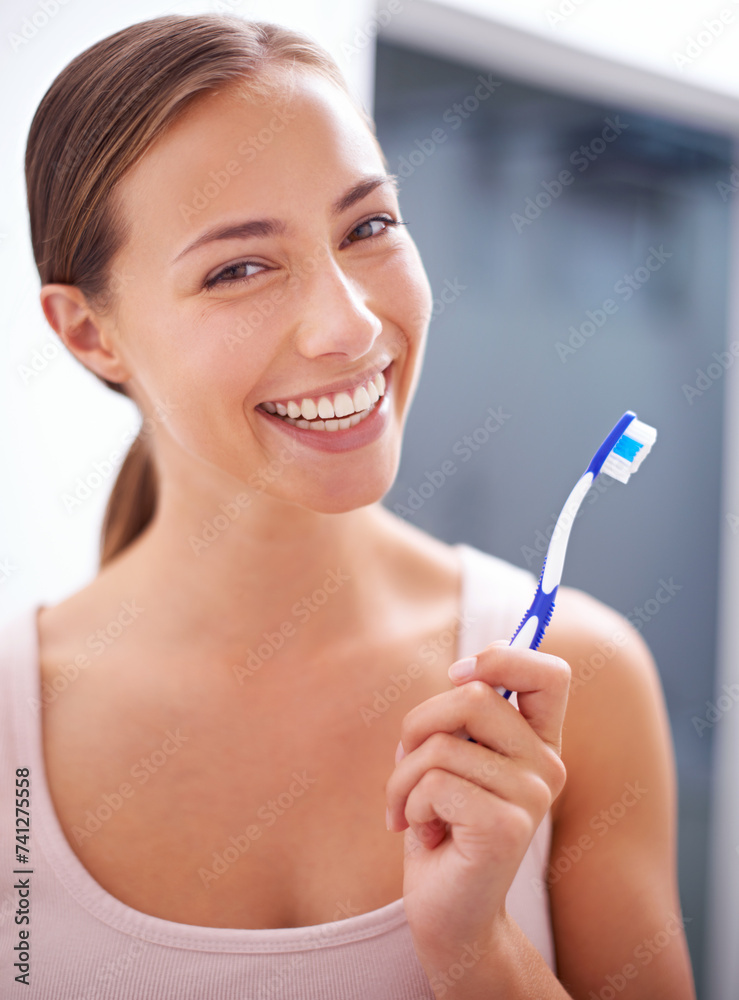 Sticker Portrait, smile and toothbrush for dental care with woman in bathroom of home for teeth whitening. Face, oral hygiene and happy young person in apartment to prevent tooth decay or gum disease