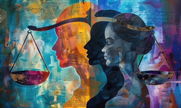 Artistic colorful representation of social equality between people using scales and people silhouettes