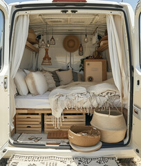 A van interior with a lot of storage for a couple of people. In the style of wood, white, and bronze.