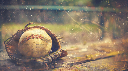 Old baseball and glove on wood background.