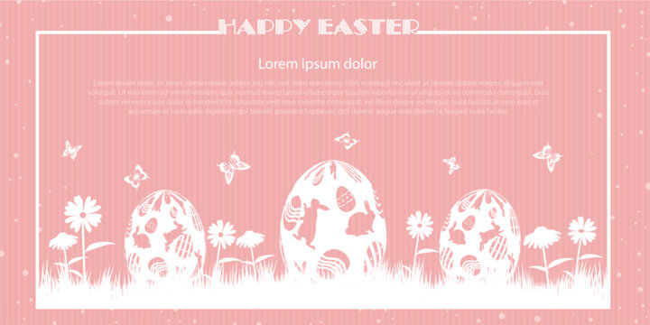 Easter celebration concept in retro style. Easter bunnies and Easter eggs in the grass with butterflies. Easter spring greeting card with place for text.