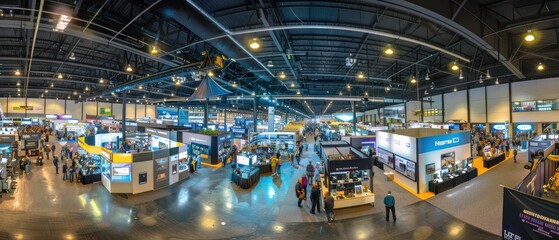 Bustling high-tech convention center with innovative exhibits - obrazy, fototapety, plakaty