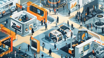 Bustling high-tech convention center with innovative exhibits