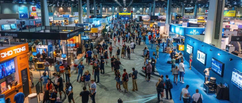 Bustling high-tech convention center with innovative exhibits