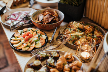 Cattering buffet with wooden table ready to serve