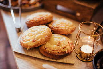 Cattering buffet with wooden table ready to serve