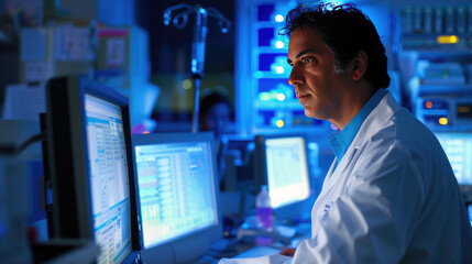 A doctor stands upright in front of a computer monitor screen seriously, studying data and...