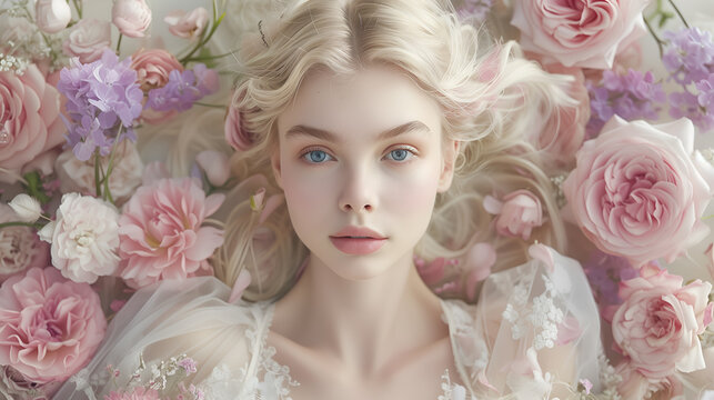 portrait of a beautiful girl with blond hair and flowers in her hair