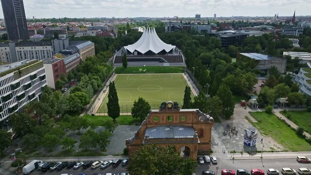 Drone shot of Berlin Anhalter Bahnhof a Historical landmark . Railway station was damaged and destroyed by bombing in World War II. Former railway terminus , located in Friedrichshain-Kreuzberg .