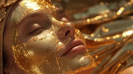 Foto op Canvas Gold face mask application, girl reclining gold face mask on skin, beauty products, skincare. © Muhammad_Waqar