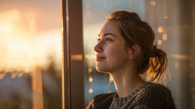 Intimate portrait of a woman in warm sunlight near the window