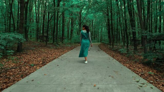 A young woman walks in the spring forest. Travel concept. Drone footage 4k