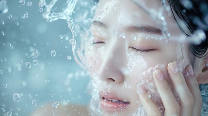 Girl washing her face, facial beauty, beauty product, facewash, healthy skin, splashing water.