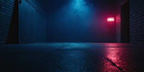 Obraz premium A dark empty street, dark blue background, an empty dark scene, neon light, spotlights The asphalt floor and studio room with smoke float up the interior texture. night view