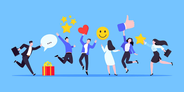 Employee feedback work satisfaction survey business concept flat vector illustration. Employee or customer feedback rating opinion with people and social icons - thumb, smile emoji, stars and heart.
