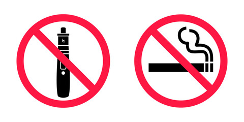 No smoking no vaping signs set. Forbidden sign icon isolated on white background vector illustration. Cigarette, vape and smoke and in prohibition circle. - obrazy, fototapety, plakaty