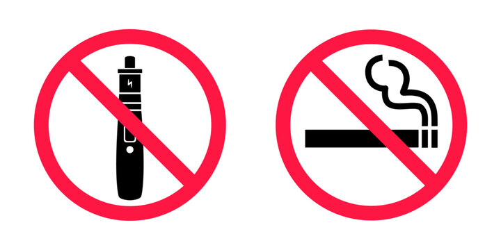 No smoking no vaping signs set. Forbidden sign icon isolated on white background vector illustration. Cigarette, vape and smoke and in prohibition circle.