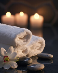Spa still life with towels, candles and orchid on dark background