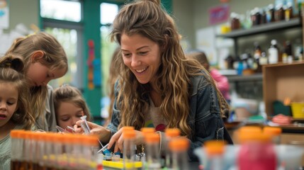 Teacher engages students with hands-on science experiments in a lively classroom
