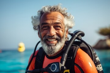 Portrait of happy senior man wearing scuba gear on the beach - obrazy, fototapety, plakaty