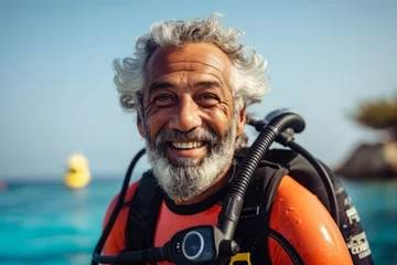 Fototapeten Portrait of happy senior man wearing scuba gear on the beach © Nerea