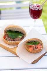 Bread rolls with filling, a traditional Old Russian dish, a roll with red fish, with salmon, a roll with torn lamb