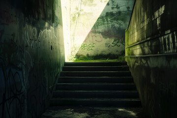Old dirty underpass or tunnel in the city with dirty concrete walls and moss - theme of abandoned places without people - obrazy, fototapety, plakaty