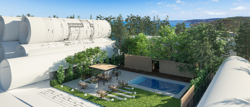 Entwurf einer Terrasse an einem Swimming Pool im Resort mit Außengastronomie - panoramische 3D Visualisierung