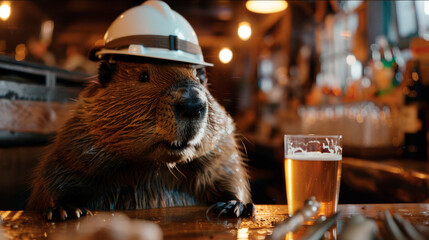 A cheerful beaver in a white helmet drinks beer and rests in a cafe after a work shift. Day of the builder and miner.