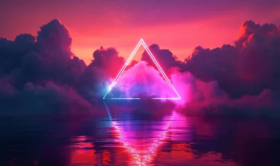 Foto op Plexiglas 3d render, abstract fantasy background. Unique futuristic wallpaper with triangular geometric shape glowing with pink red neon light, colorful cloud and, Generative AI © The Picture House