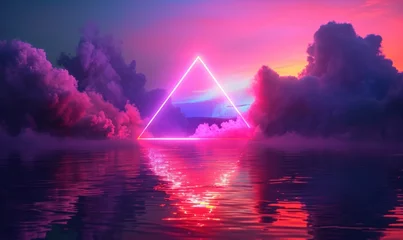 Stoff pro Meter 3d render, abstract fantasy background. Unique futuristic wallpaper with triangular geometric shape glowing with pink red neon light, colorful cloud and, Generative AI © The Picture House
