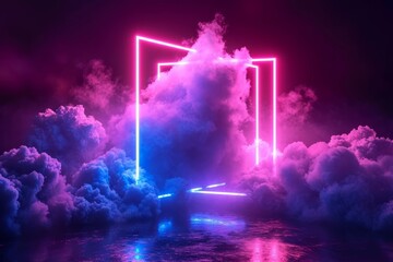 3d render, abstract minimal background, pink blue neon light square frame with copy space, illuminated stormy clouds, glowing geometric shape, Generative AI