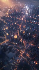 Digital network grid overlaying a dense urban cityscape at dusk