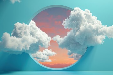 3d render, abstract wallpaper, blue sky with white clouds fly out the round hole, peachy background. Weather concept, optical illusion, Generative AI