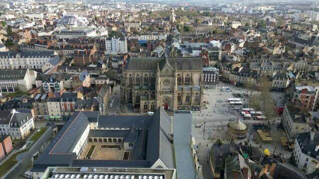 Basilica Saint-Aubin in Place Sainte Anne square and Jacobins convent, Rennes in France. Aerial drone circling