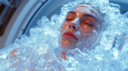 Close-up of a woman's face during cryopreservation, surrounded by ice