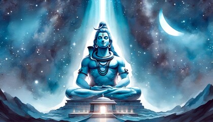 Watercolor illustration of a large serene statue of lord shiva at night.