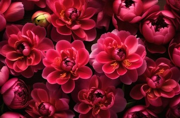 A close-up stock photo featuring luxurious, bright burgundy peonies covering the entire space, creating a floral background.